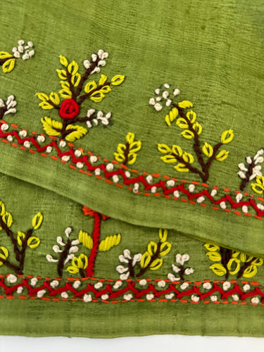 Lightweight Tribal Lambani Embroidery Pure Tussar Silk Saree | Light Moss Green | Hand Embroidery | Ships from California